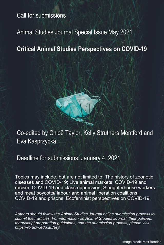 [ID: text in white letters on background of dark green grass, with discarded surgical face mask in grass]