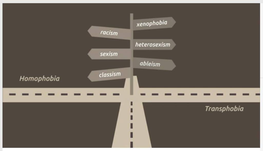 Beige back background, showing a drawing of a crossroads (4 streets coming together]
At the point where the roads intersect, are signs leading to different directions. The signs read: racism, sexism, classism, xenophobia, heterosexism, ableism.
The left road has the word homophobia on top of it.
The road on the right has the word Transphobia beneath it.