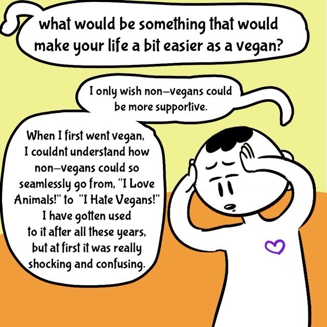 Comic with orange/yellow background. Person in black/white. Text balloons.
- What would be something that would make your life a bit easier as a vegan?
- I only wish non-vegans could be more supportive
- When I first went vegan, I couldn't understand how non-vegans could so seamlessly fgo from "I love Animals" to "I hate vegans". I have gotten used to it after all these years, but at first it was really shocking and confusing.