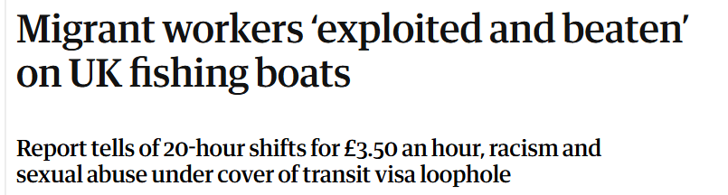 Migrant workers ‘exploited and beaten’ on UK fishing boats
This article is more than 4 years old
Report tells of 20-hour shifts for £3.50 an hour, racism and sexual abuse under cover of transit visa loophole