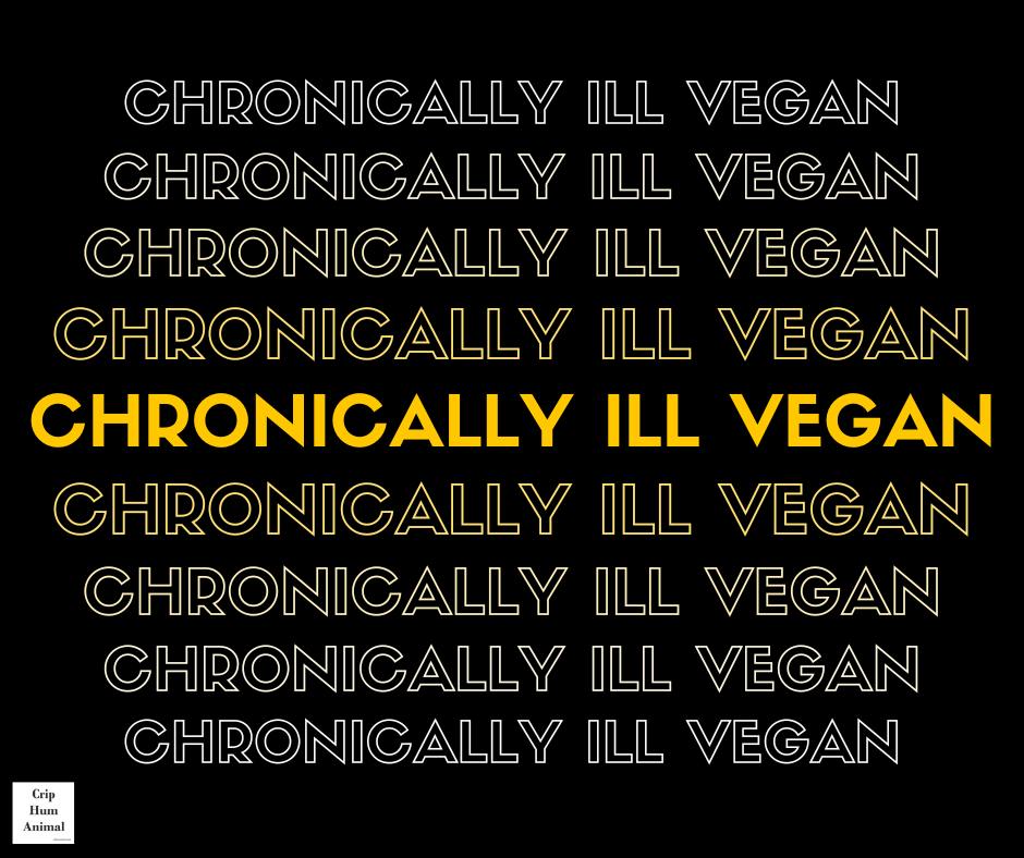 Black background. 
Text Chronically ill vegan repeated several times. From smaller font to larger font and smaller again. 
Largest font in middle is in orange, others in white. 